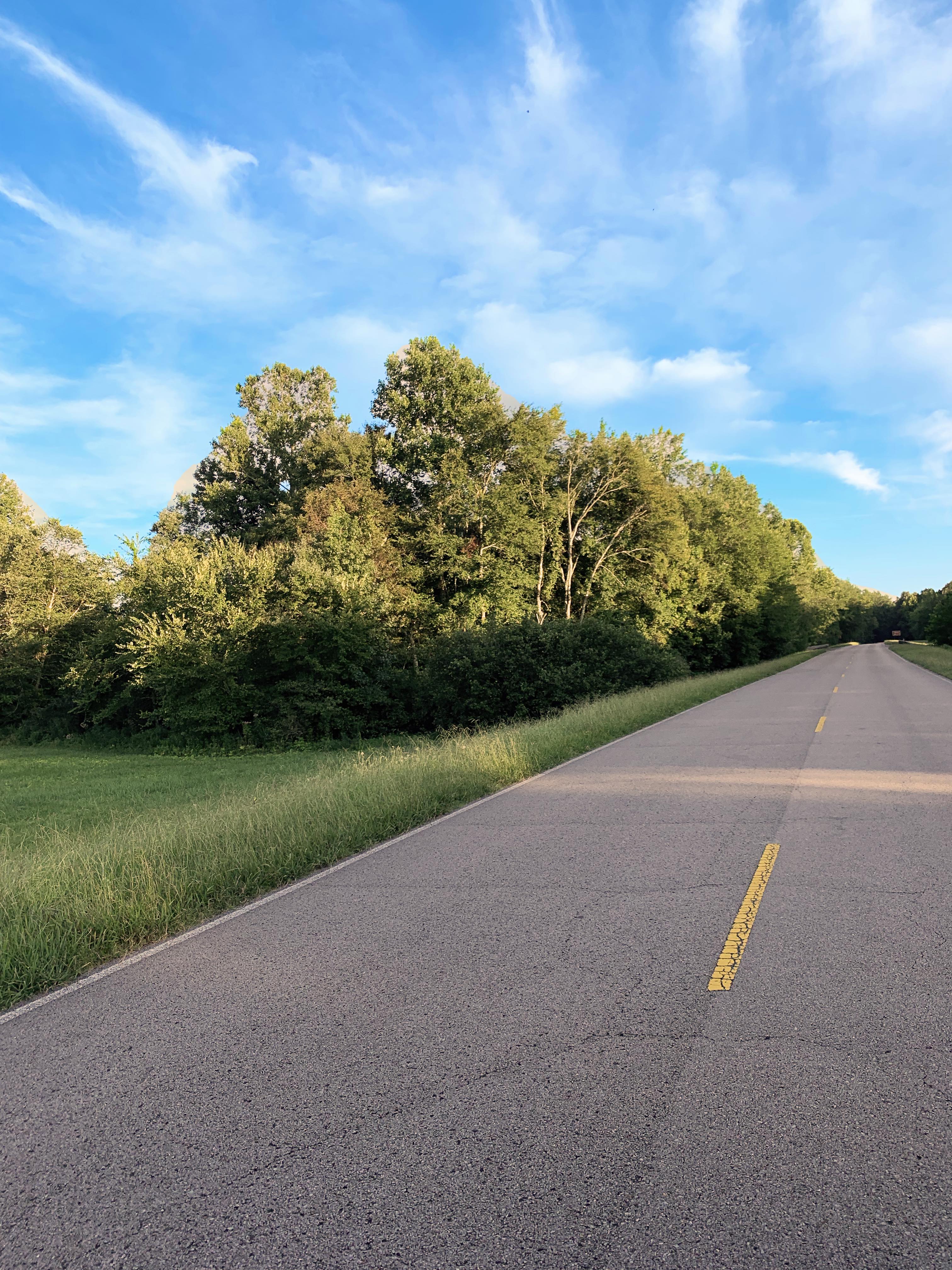 An image outside featuring a blue sky, two lane road, and green grass.