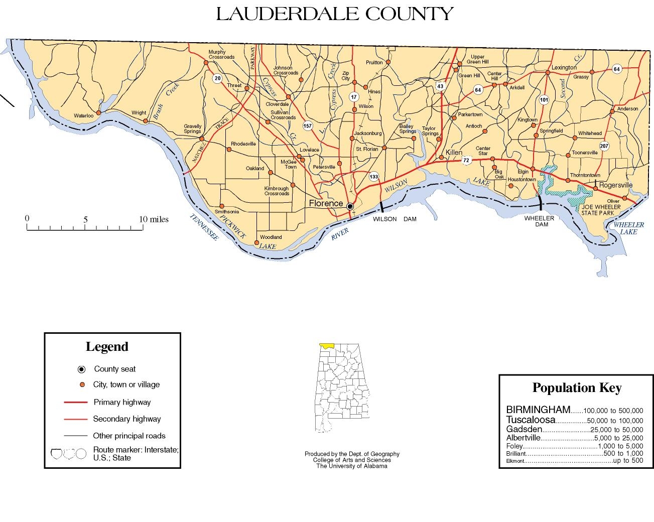 A map of Lauderdale County, Alabama.